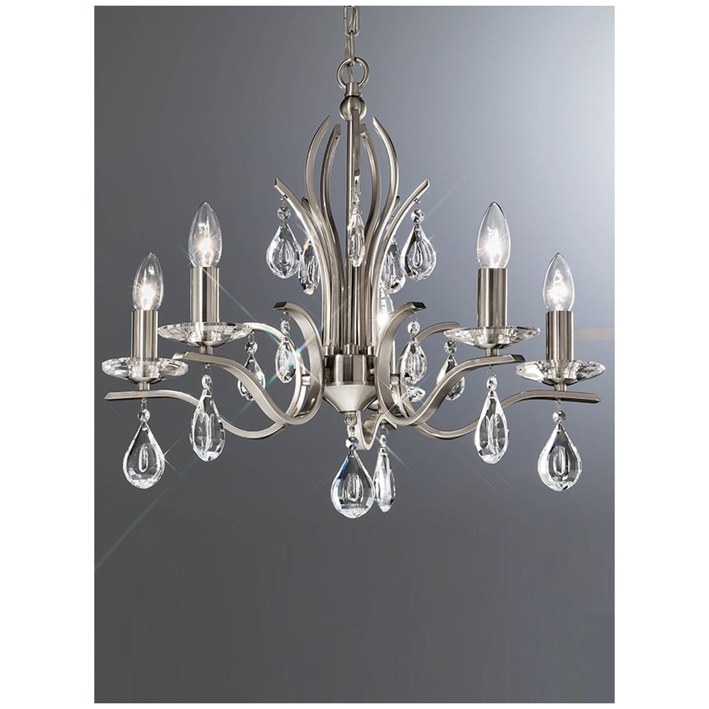 Shimmer Satin Nickel 5 Bulb Chandelier with Faceted Crystal