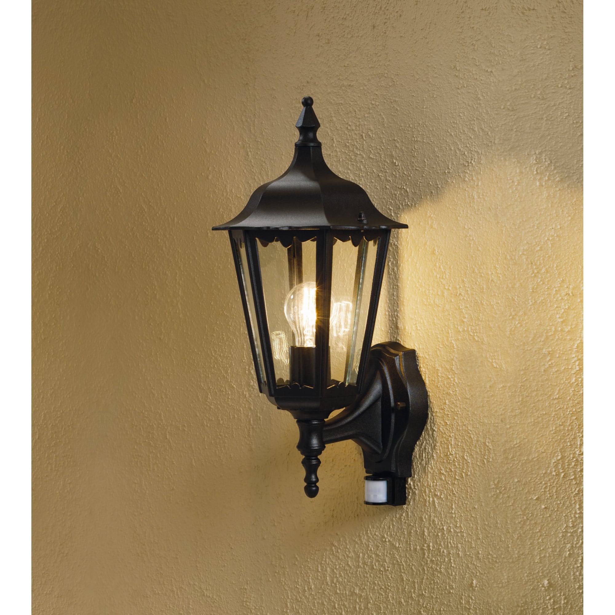 Firenze Upturned Wall Lantern, Black with PIR