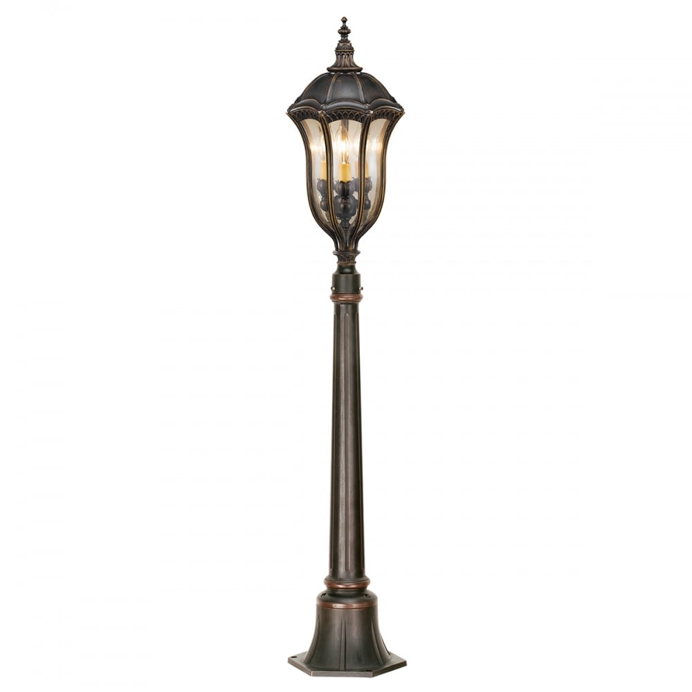 French Victorian Tall Drive or Pathway Bronze Lantern with Amber Glass