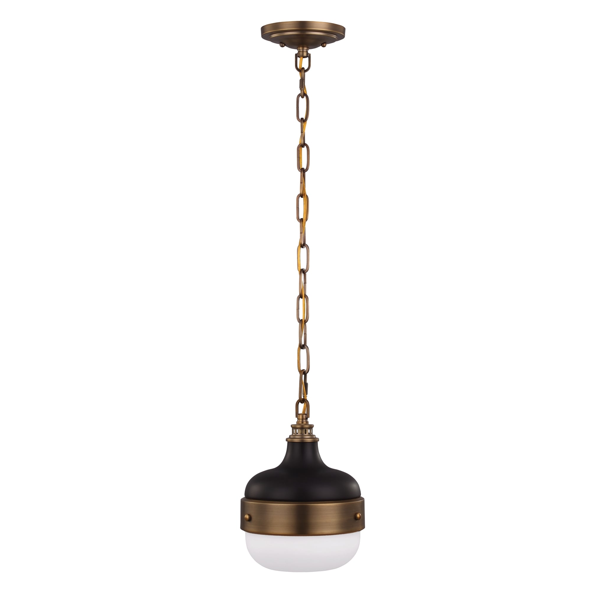 Modern Brushed Brass and Matte Black Dome Island Hanging Light