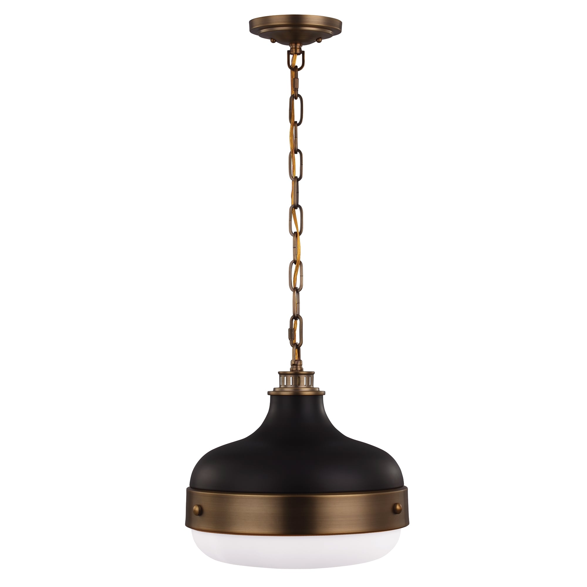 Modern Brushed Brass and Matte Black Large Dome Island Hanging Light