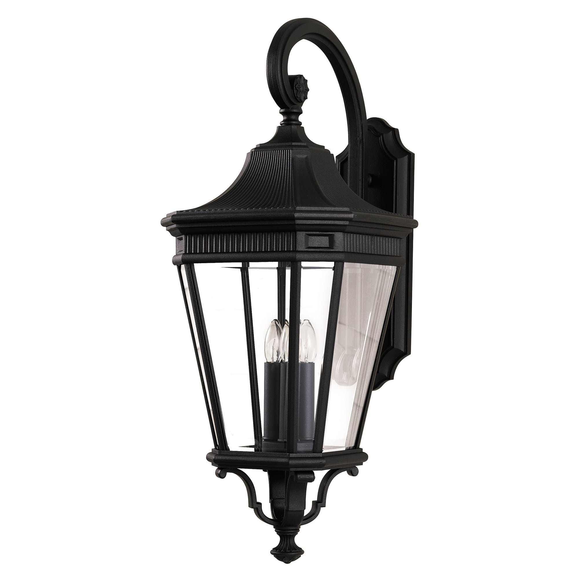 Large Matt Black 3 Bulb Porch Wall Lantern with Clear Glass Panes