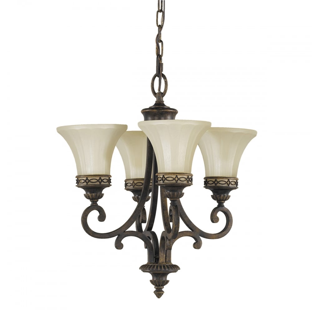 Georgian Bronze 4 Light Ceiling Chandelier with Amber Scavo Glass Shades