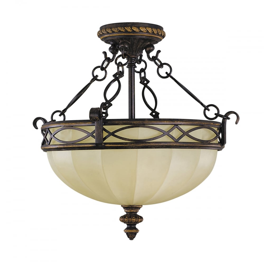 Georgian Chain Suspension Semi Flush Scavo Glass Ceiling Light in Bronze