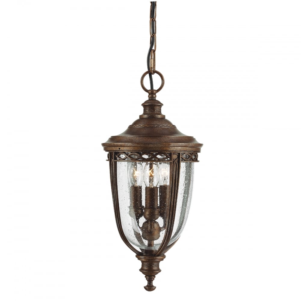 Medium Traditional Aged Bronze Garden Porch Hanging Lantern with Speckled Glass