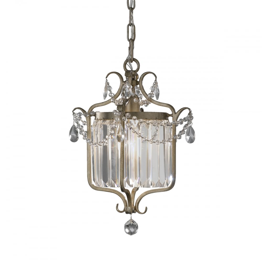 Single Shabby Chic Gilded Silver Pendant Drop Light with Crystals