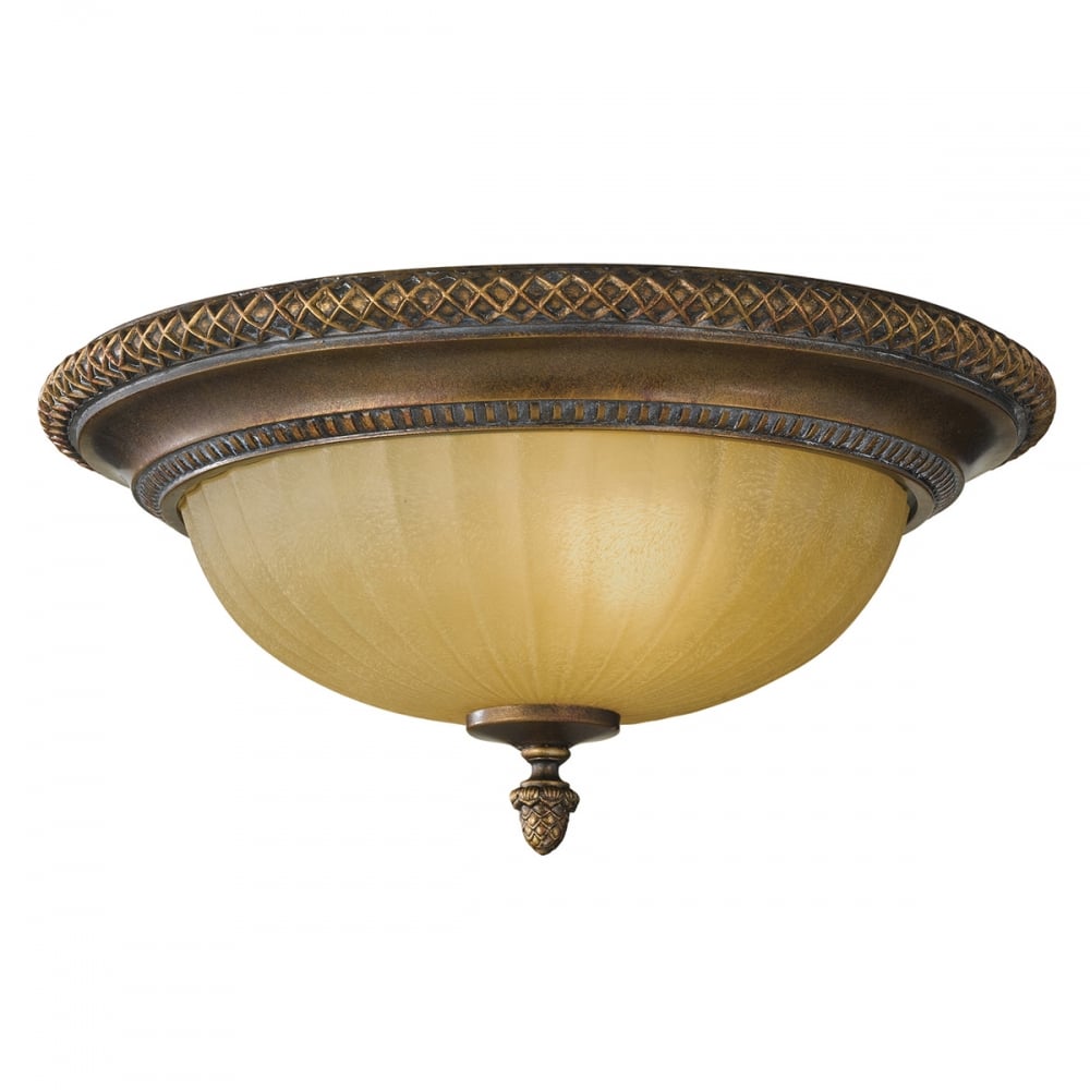 Georgian Style Flush Bowl Light with Patterned Scavo Glass Dome Shade