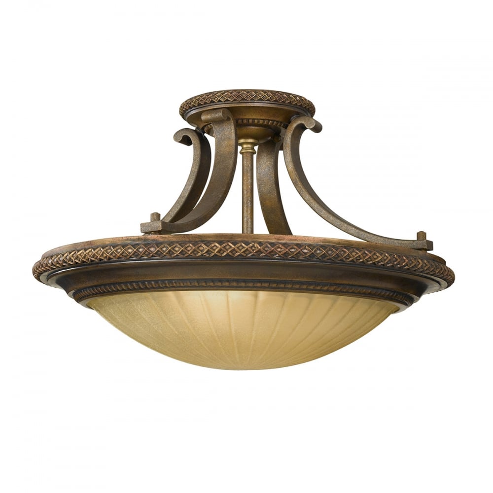 Georgian Style Close to Ceiling Bowl Light with Patterned Scavo Glass Dome Shade