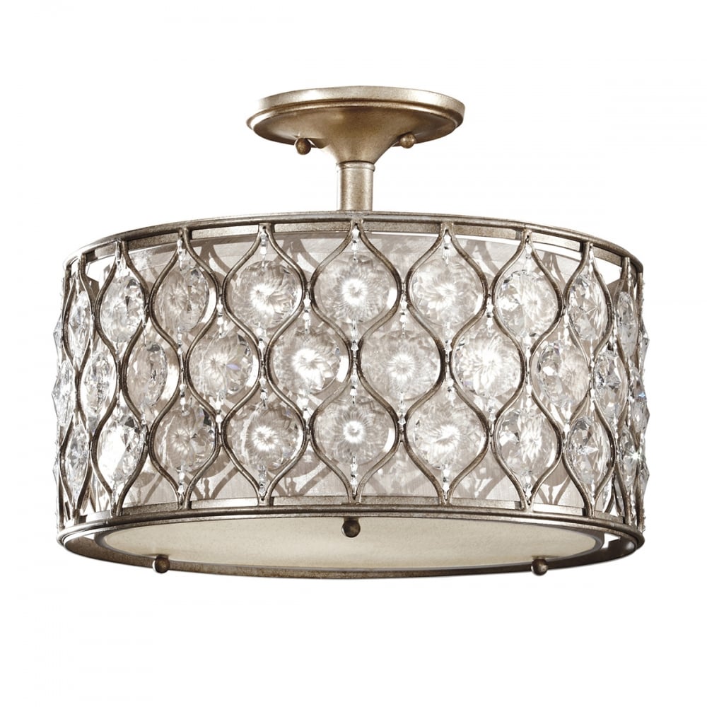 Burnished Silver Semi Flush Ceiling Cylinder Crystal Shade Lamp