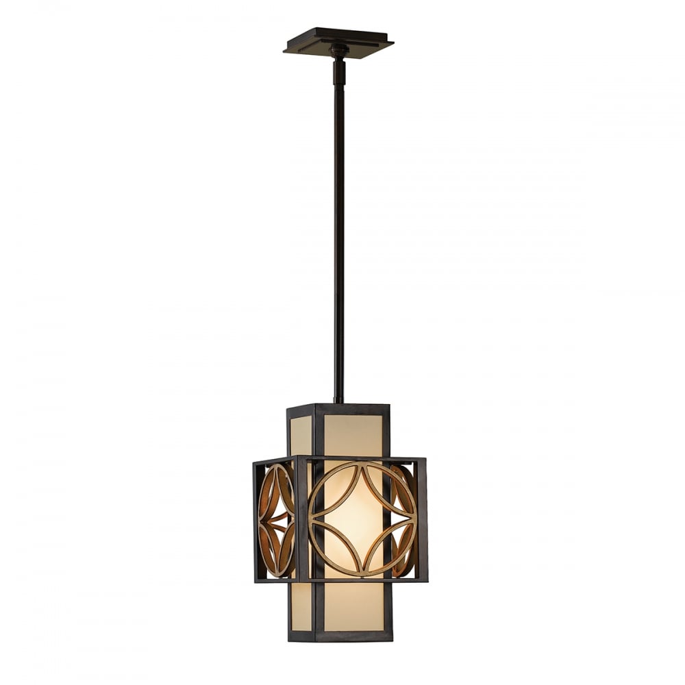 Traditional Single Rectangular Pendant Ceiling Light in Bronze with Gold Detail