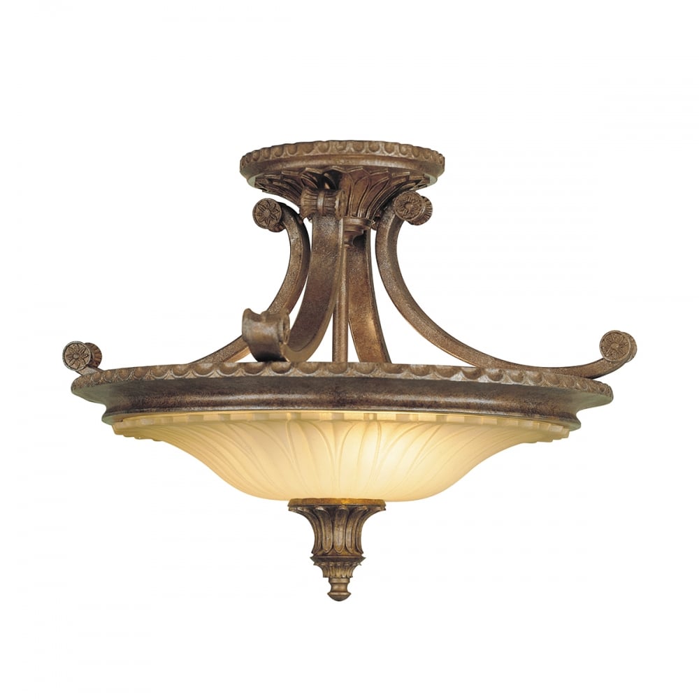 British Bronze Ceiling Flush Light Fitting with Amber Glass