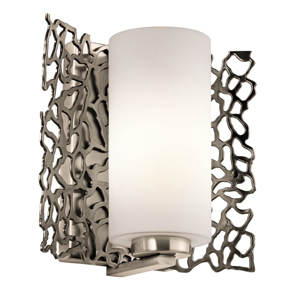 Artistic Coral Affect Pewter Wall Sconce with White Glass Cylinder Shade