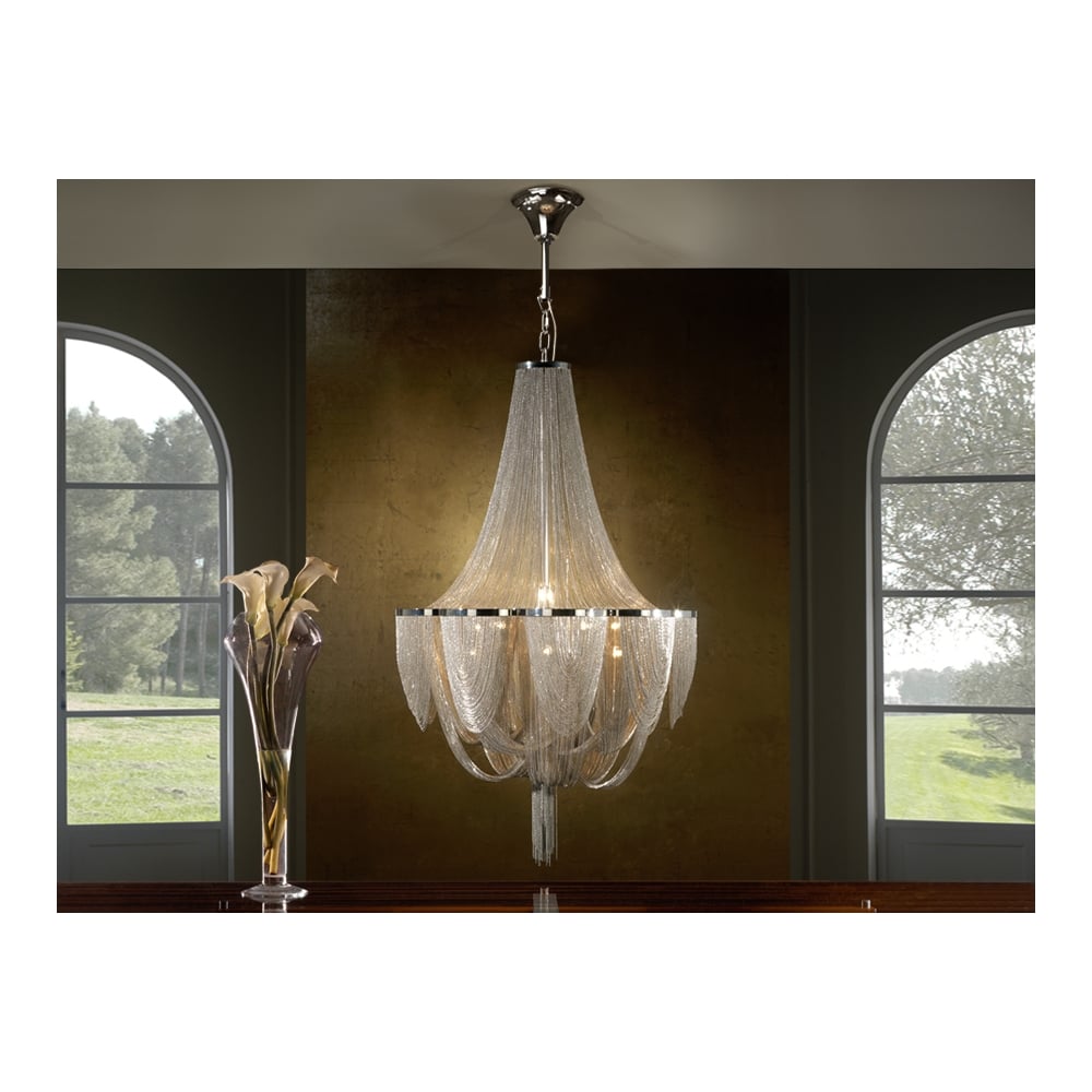 Modern Large Nickel 12 Bulb Minerva Chandelier of Chains