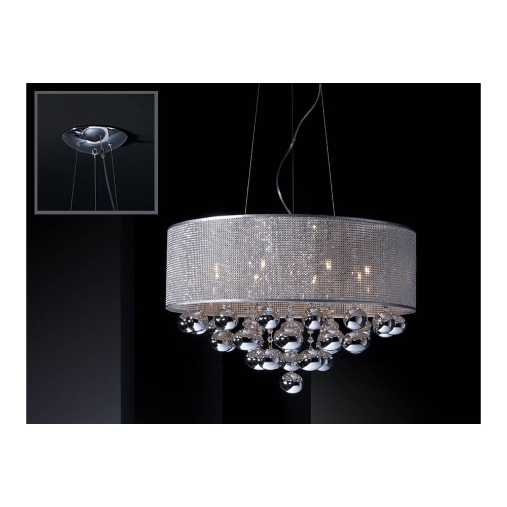 Art Deco Chrome Crystal Open Drum Ceiling Pendant Light