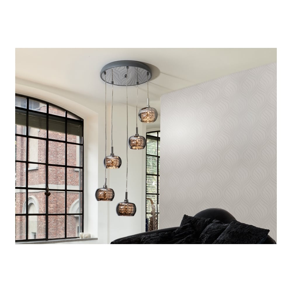 Modern Shimmered Crystal Dome Cluster Ceiling 5 Light Pendant