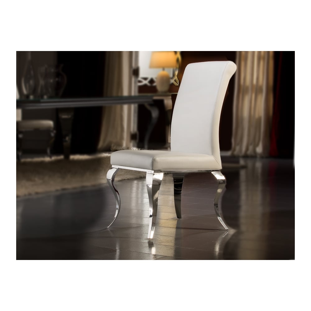 Barroque Polished Steel and White Leather Dining Chair