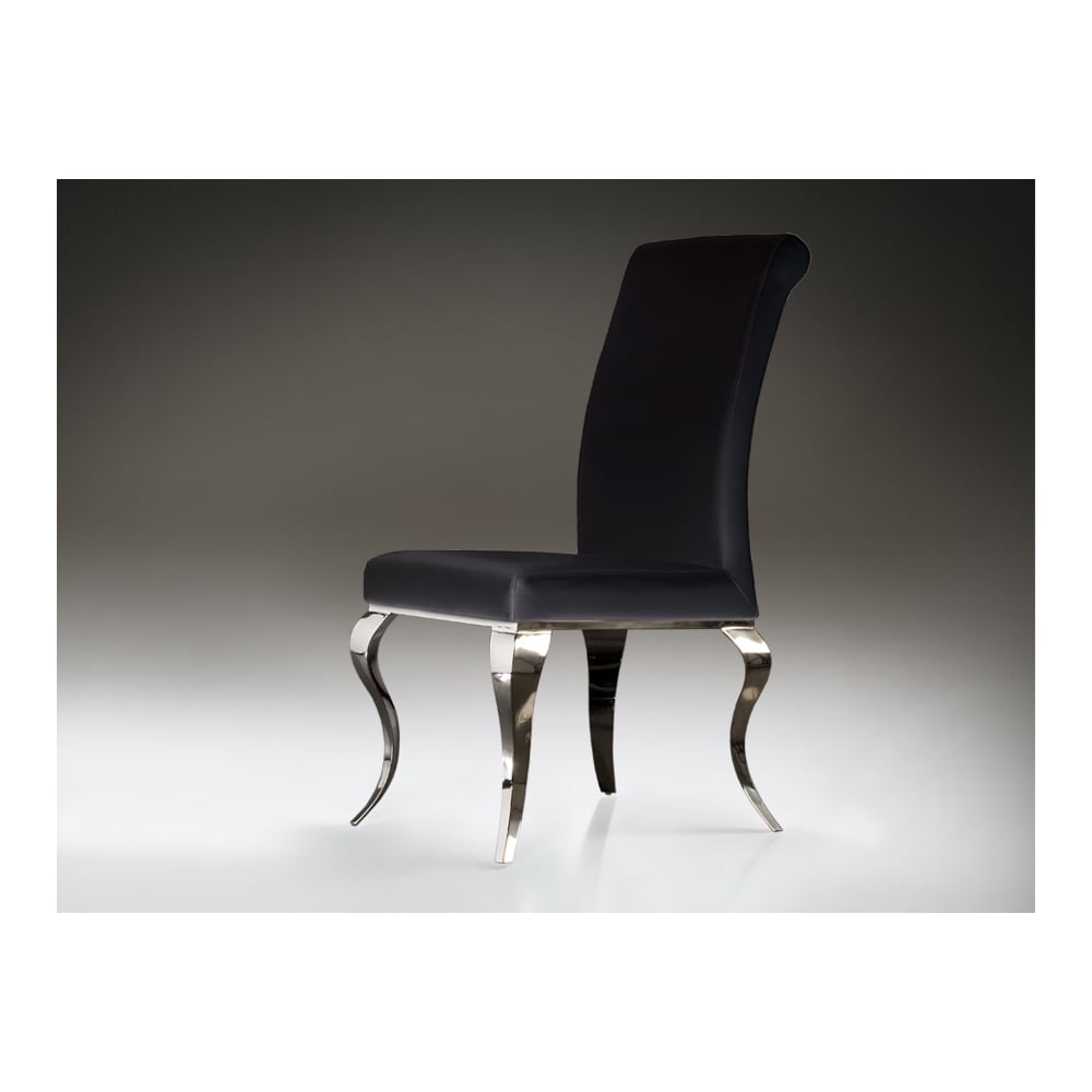 Barroque Polished Steel and Black Leather Dining Chair