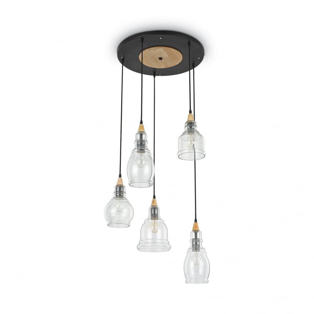 Gretel Modern Black and Gold Clear Shade Large Cluster 5 Light