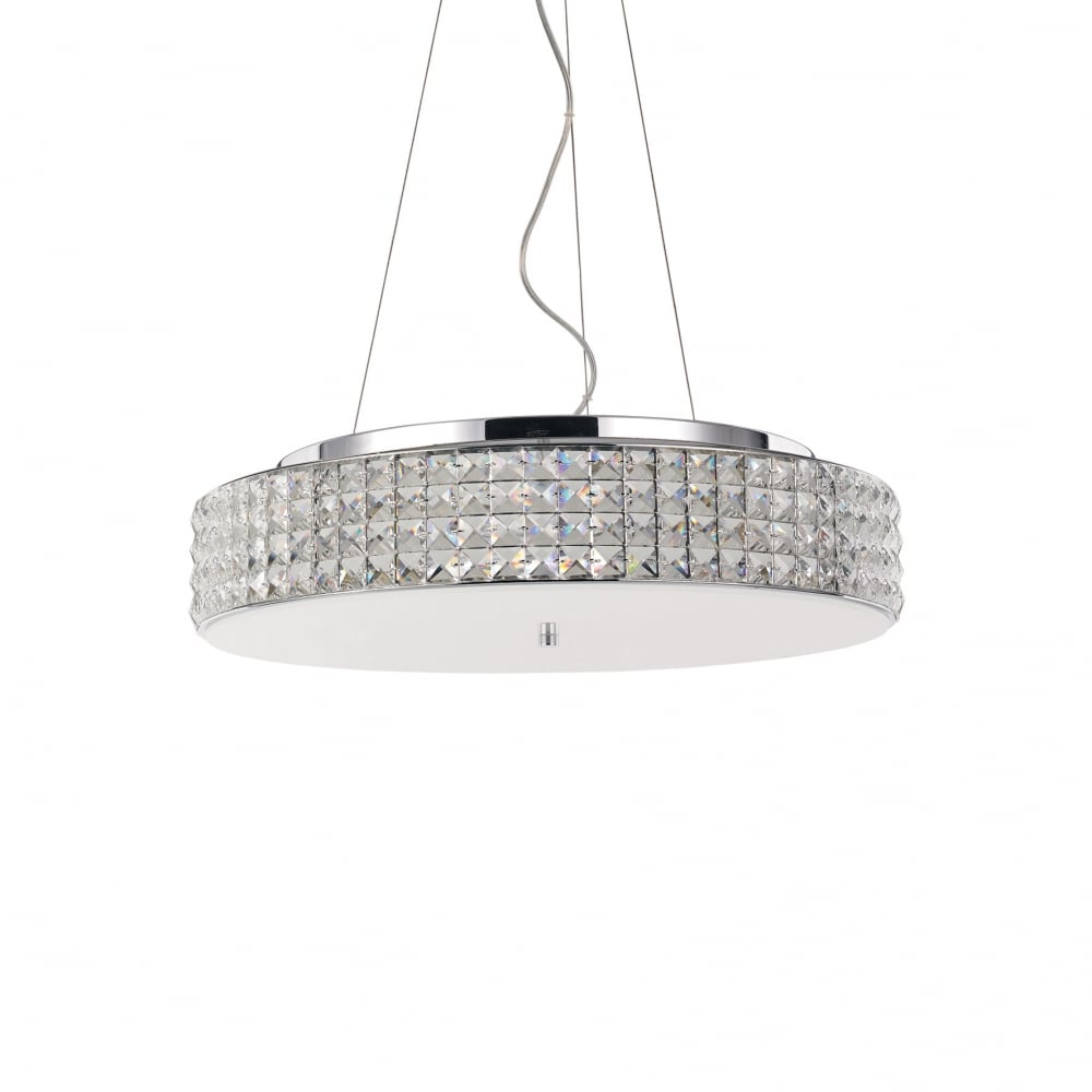 Roma 9 Bulb White Pendant Light with Crystal and Glass Diffuser