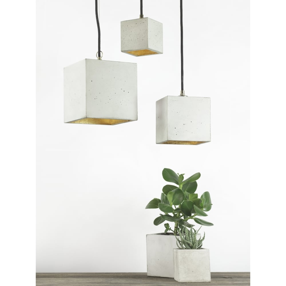 Modern Light Grey and Gold Small Concrete Cube Ceiling Light