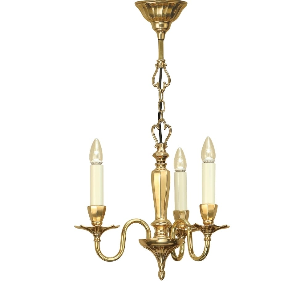 Asquith Solid Polished Brass Candle Chandelier 3 Bulb