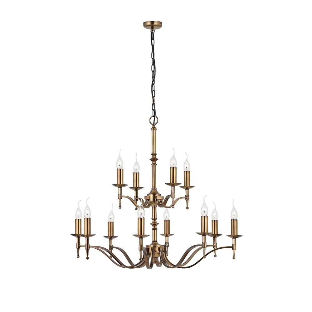 Stanford Antique Brass Chandelier, 12 Light 2 Tier