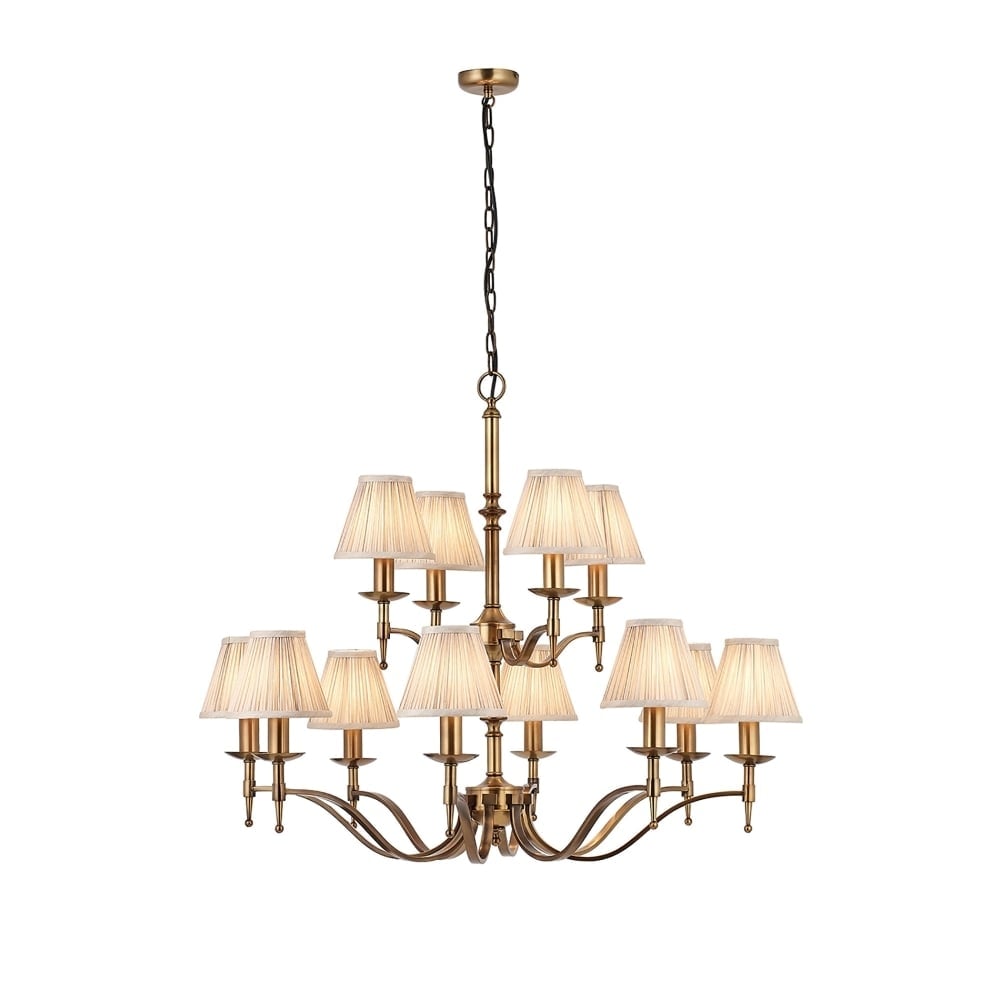 Stanford Antique Brass Chandelier, 12 Light 2 Tier