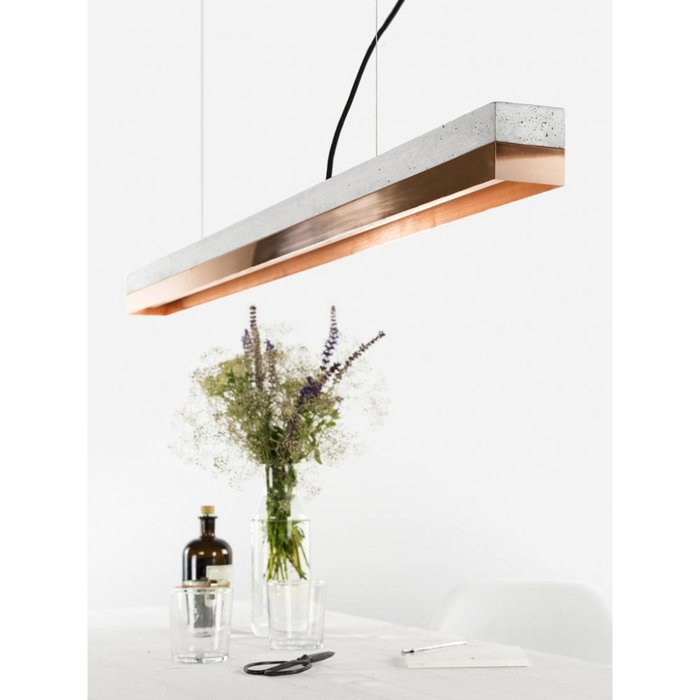 Pale Concrete and Copper LED Bar Pendant Light, 122cm, Warm White (2.7K)