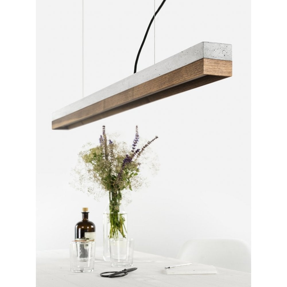 Pale Concrete and Walnut Wood LED Bar Pendant Light, 122cm, Warm White (2.7K)