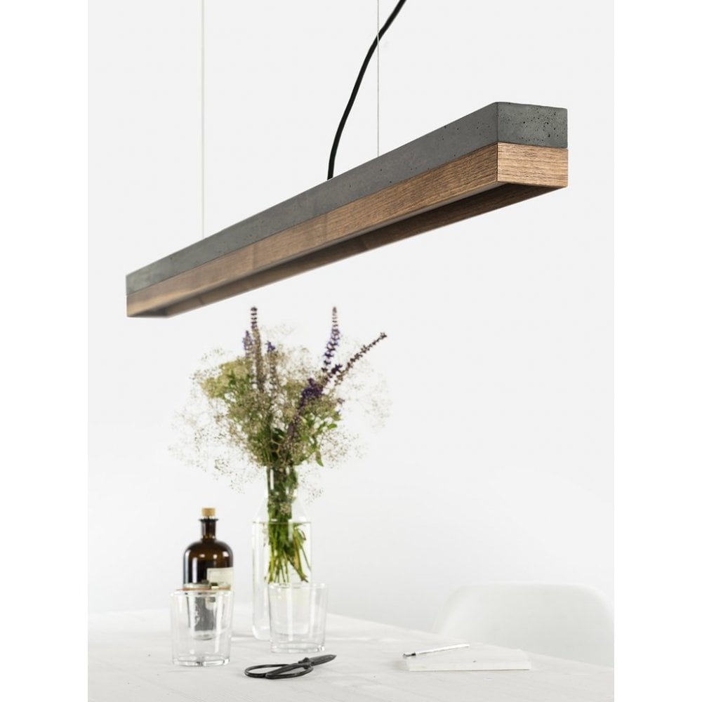 Dark Concrete and Walnut Wood LED Bar Pendant Light, 122cm, Warm White (2.7K)