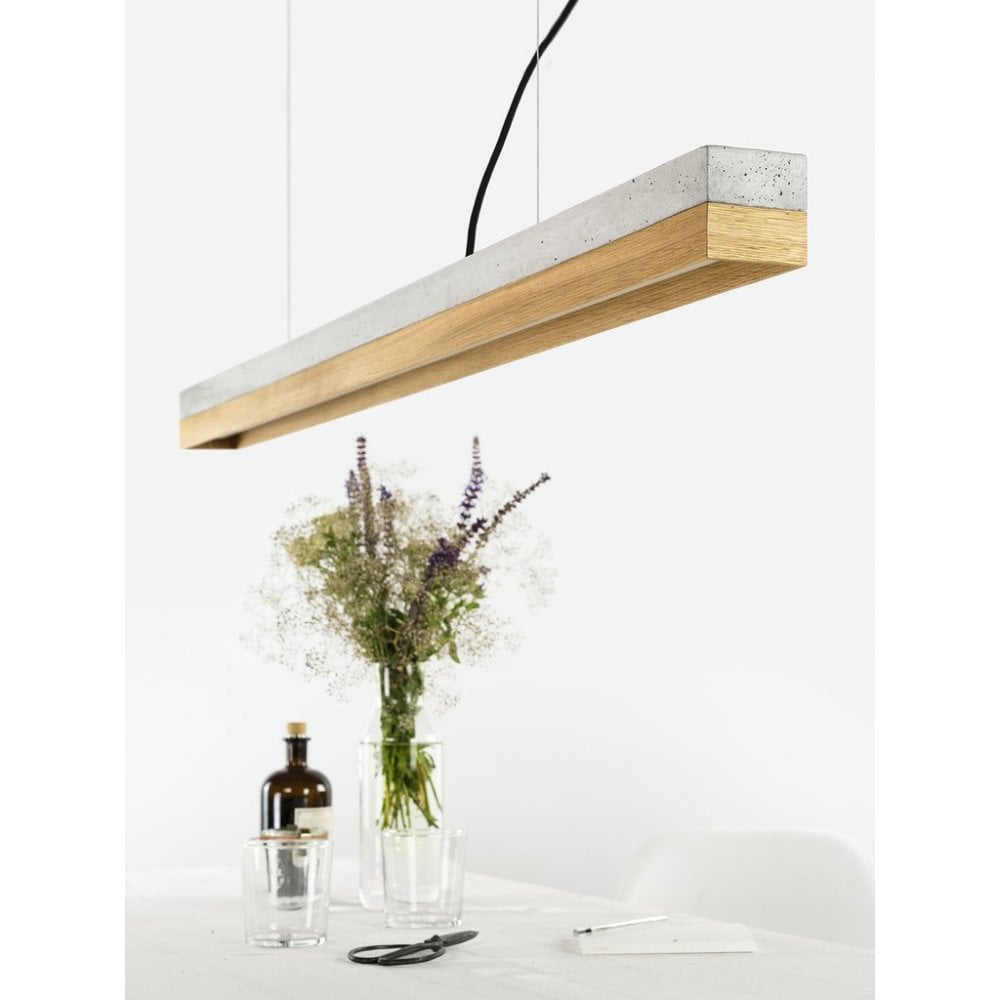 Pale Concrete and Oak Wood LED Bar Pendant Light, 122cm, Warm White (2.7K)