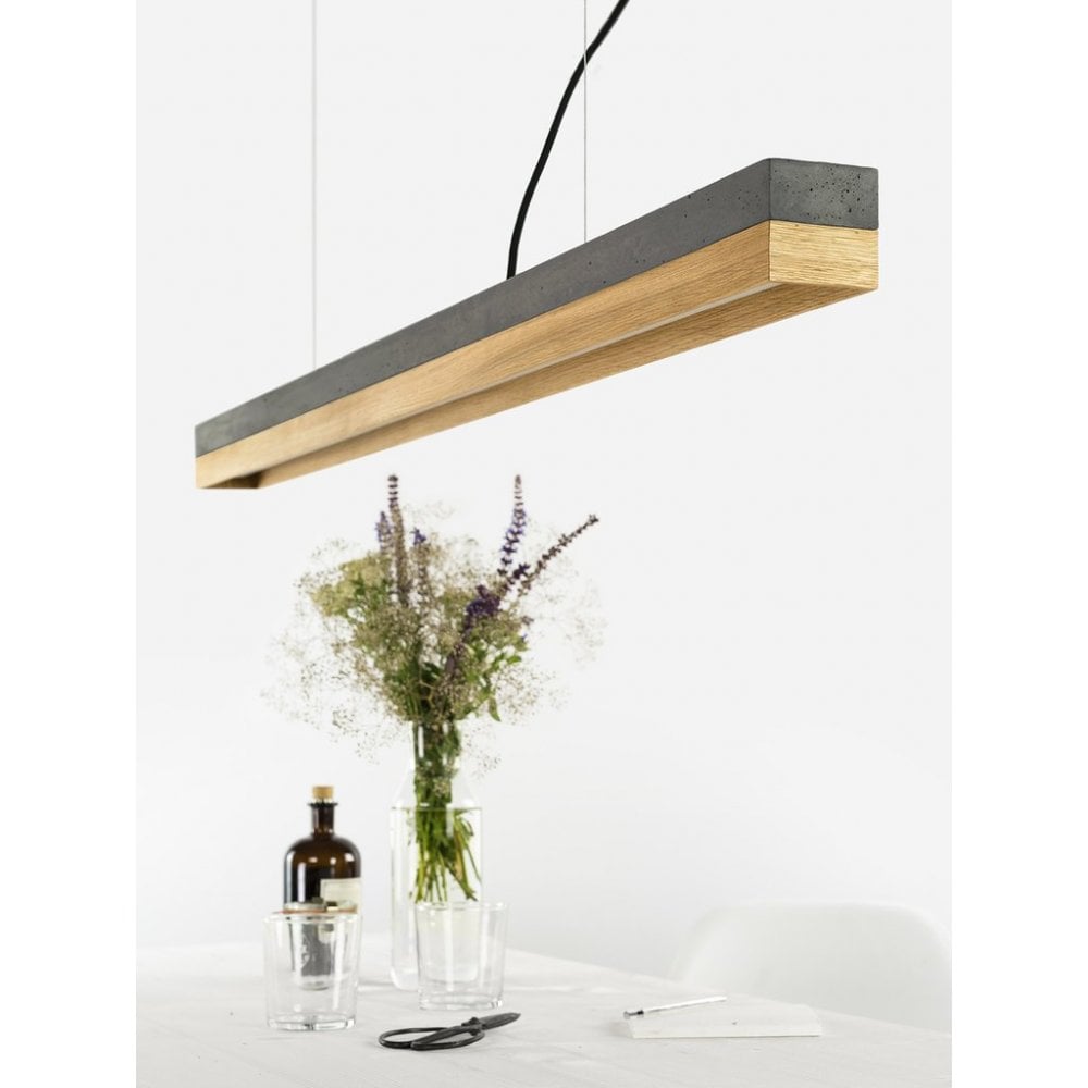 Dark Concrete and Oak Wood LED Bar Pendant Light, 122cm, Warm White (2.7K)