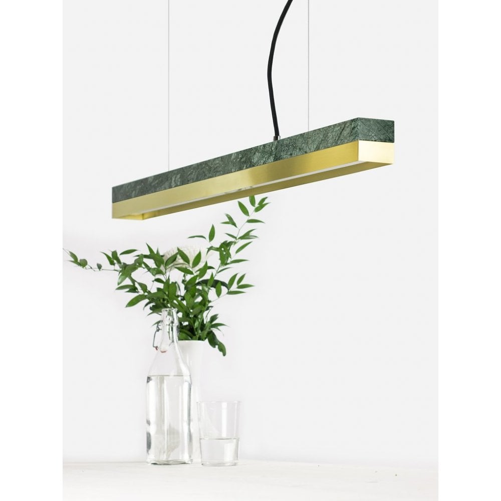 Verde Guatemala Marble and Brass LED Bar Pendant Light, 92cm, Warm White (2.7K)