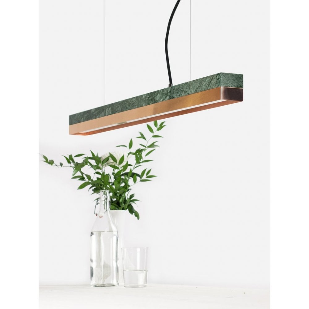 Verde Guatemala Marble and Copper LED Bar Pendant Light, 92cm, Warm White (2.7K)