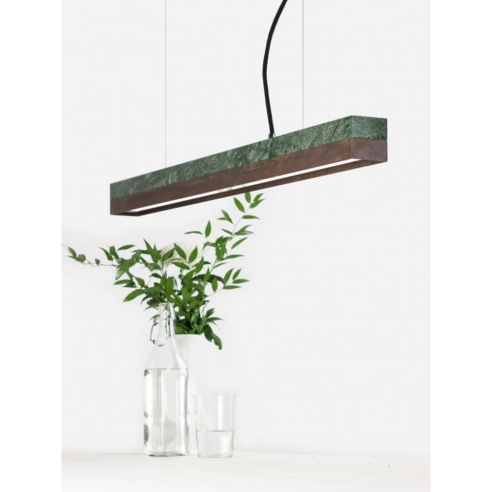 Verde Guatemala Marble and Corten Steel LED Bar Pendant Light, 92cm, Warm White (2.7K)