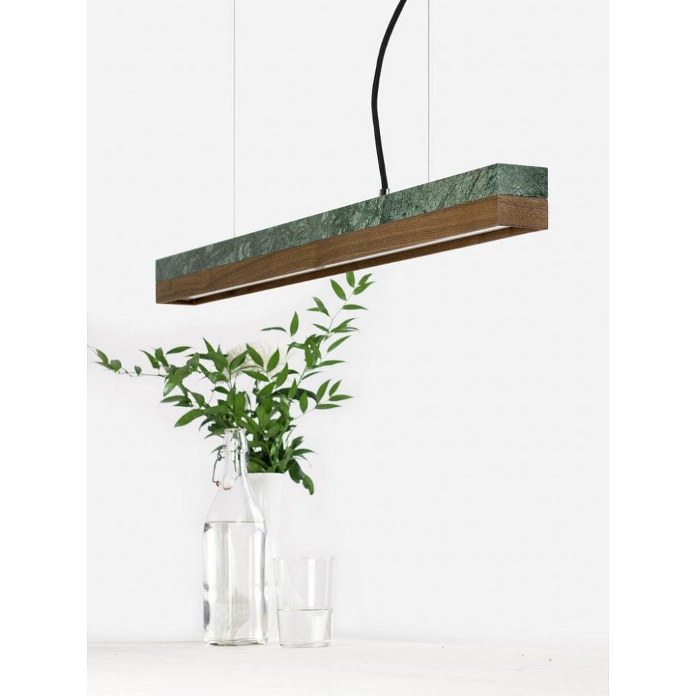 Verde Guatemala Marble and Walnut Wood LED Bar Pendant Light, 92cm, Warm White (2.7K)