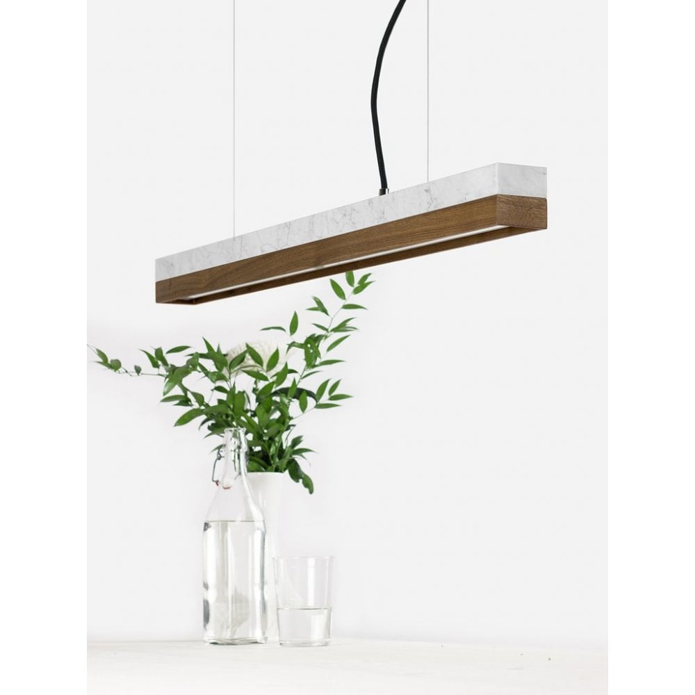 Carrara Marble and Walnut Wood LED Bar Pendant Light, 92cm, Warm White (2.7K)