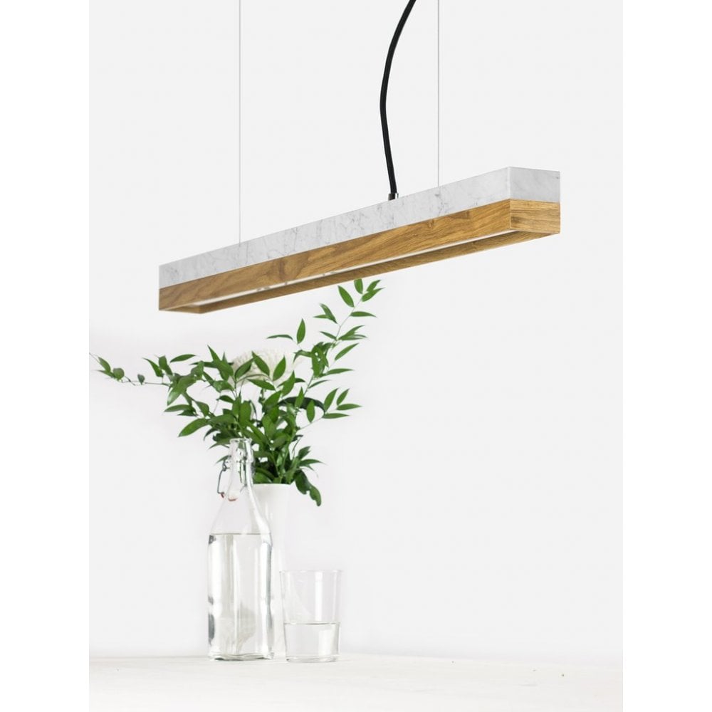 Carrara Marble and Oak Wood LED Bar Pendant Light, 92cm, Warm White (2.7K)