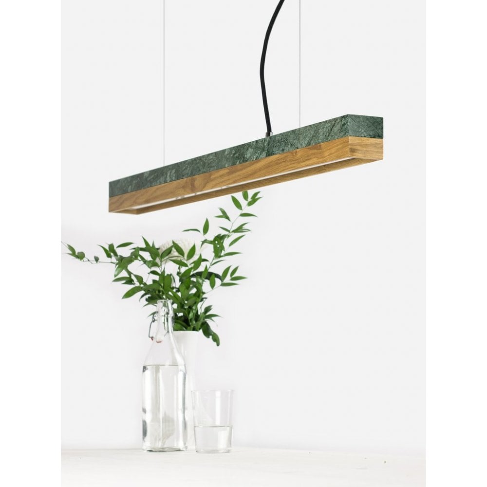 Verde Guatemala Marble and Oak Wood LED Bar Pendant Light, 92cm, Warm White (2.7K)