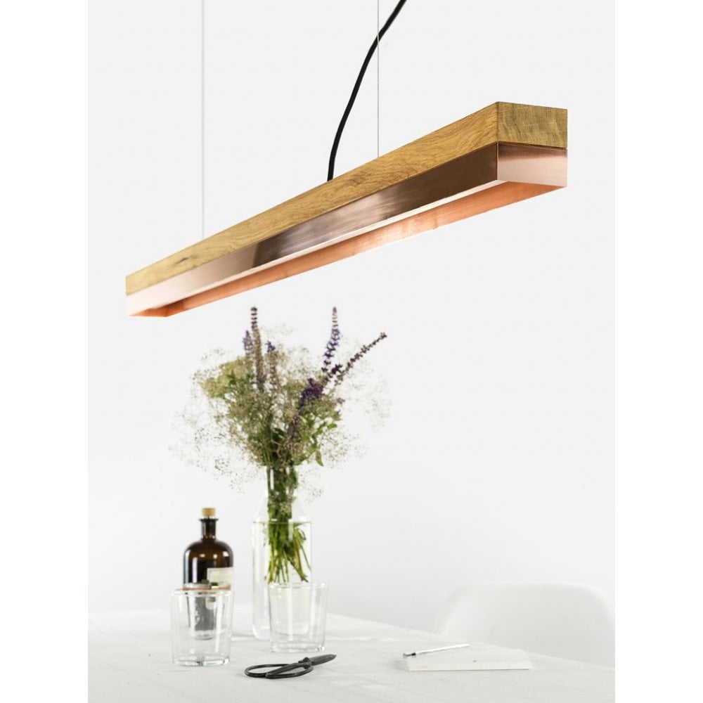 Oak Wood and Copper LED Bar Pendant Light, 122cm, Warm White (2.7K)