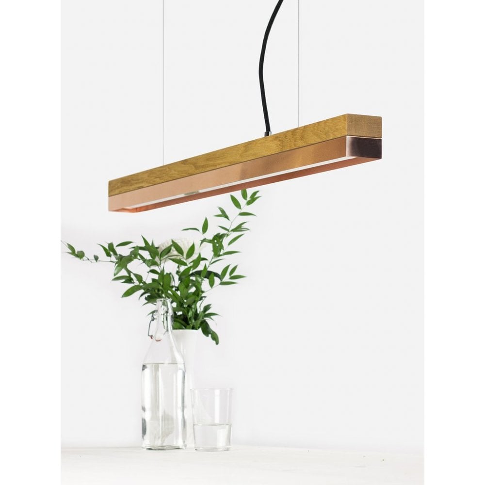 Oak Wood and Copper LED Bar Pendant Light, 92cm, Warm White (2.7K)