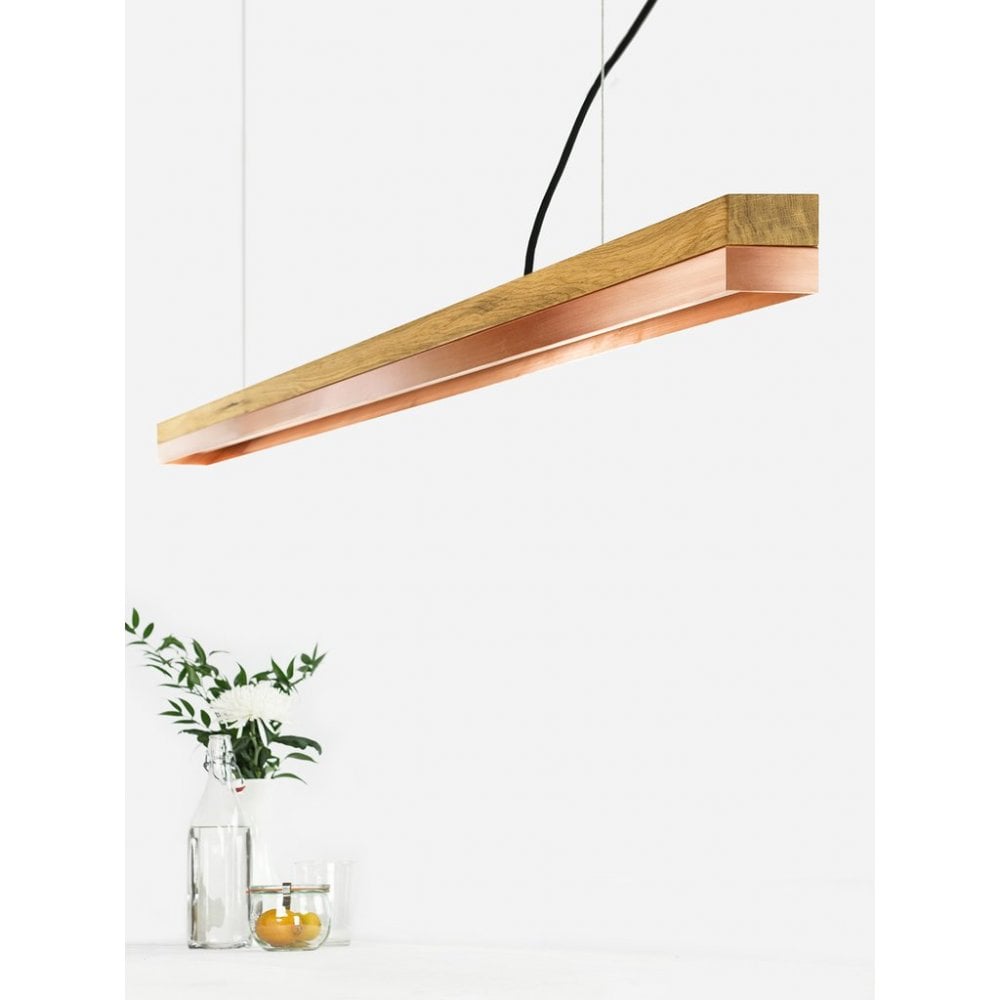 Oak Wood and Copper LED Bar Pendant Light, 182cm, Warm White (2.7K)