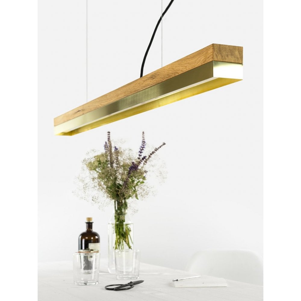 Oak Wood and Brass LED Bar Pendant Light, 122cm, Warm White (2.7K)