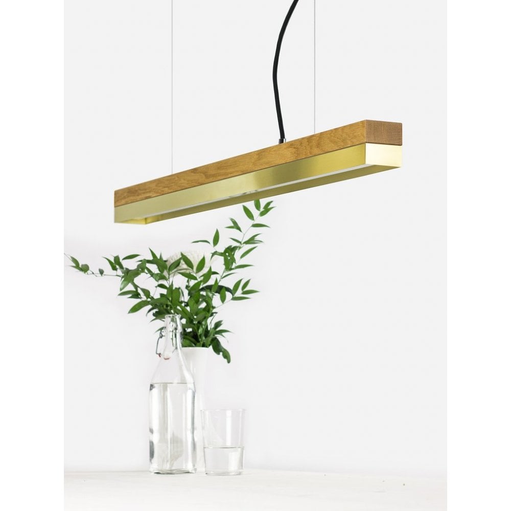 Oak Wood and Brass LED Bar Pendant Light, 92cm, Warm White (2.7K)