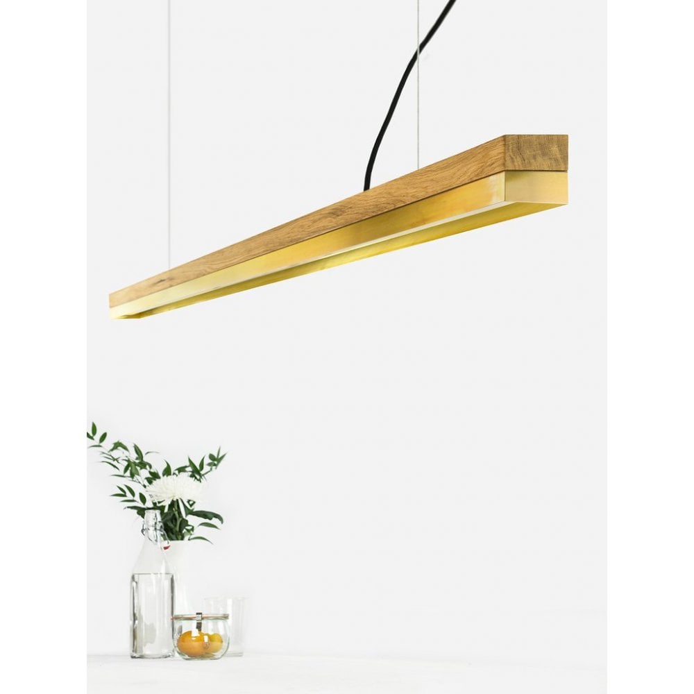 Oak Wood and Brass LED Bar Pendant Light, 182cm, Warm White (2.7K)