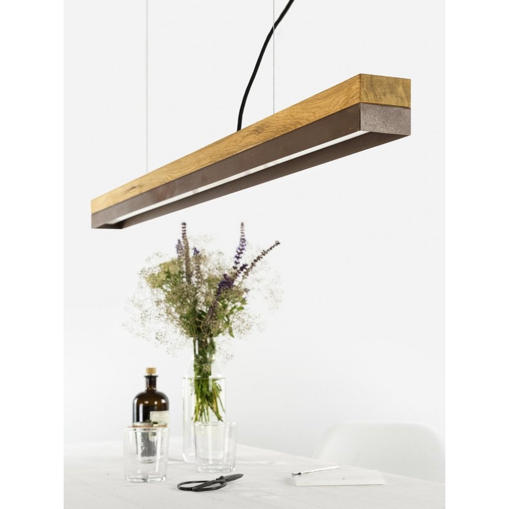 Oak Wood and Corten Steel LED Bar Pendant Light, 122cm, Warm White (2.7K)