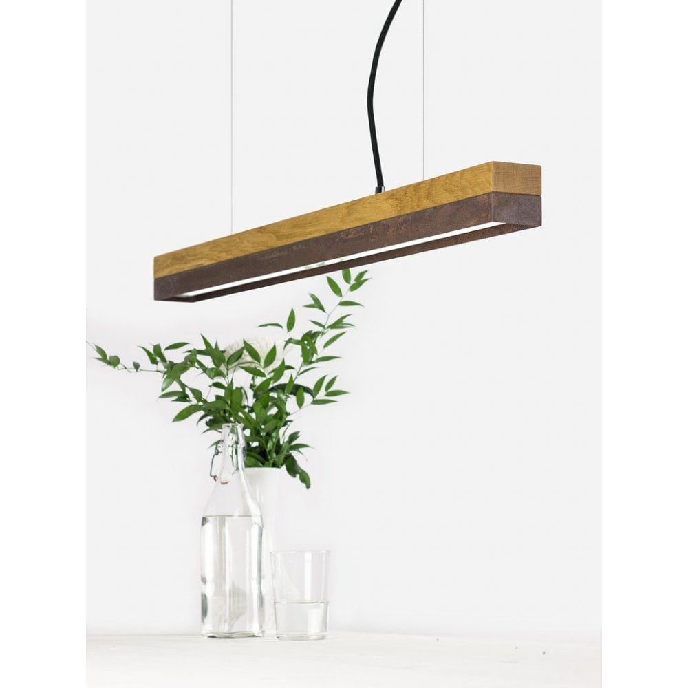 Oak Wood and Corten Steel LED Bar Pendant Light, 92cm, Warm White (2.7K)