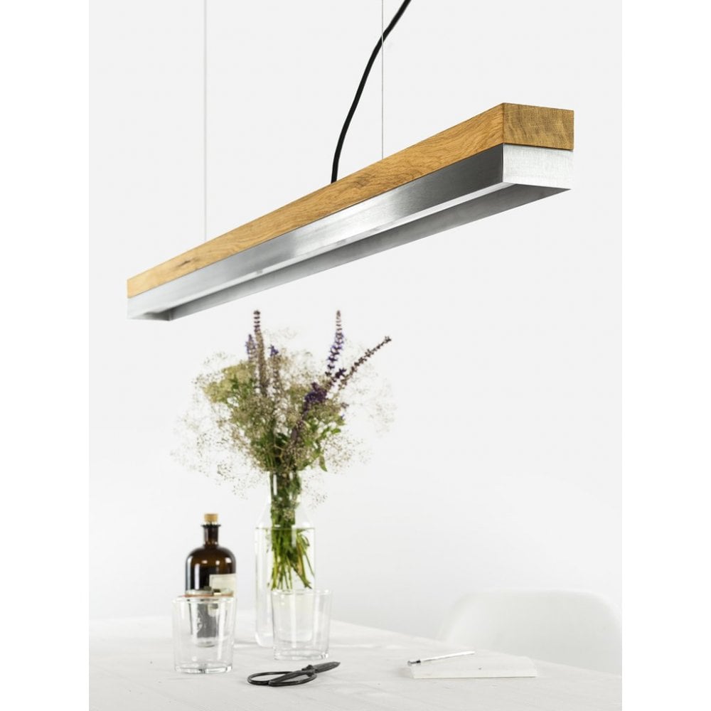 Oak Wood and Stainless Steel LED Bar Pendant Light, 122cm, Warm White (2.7K)