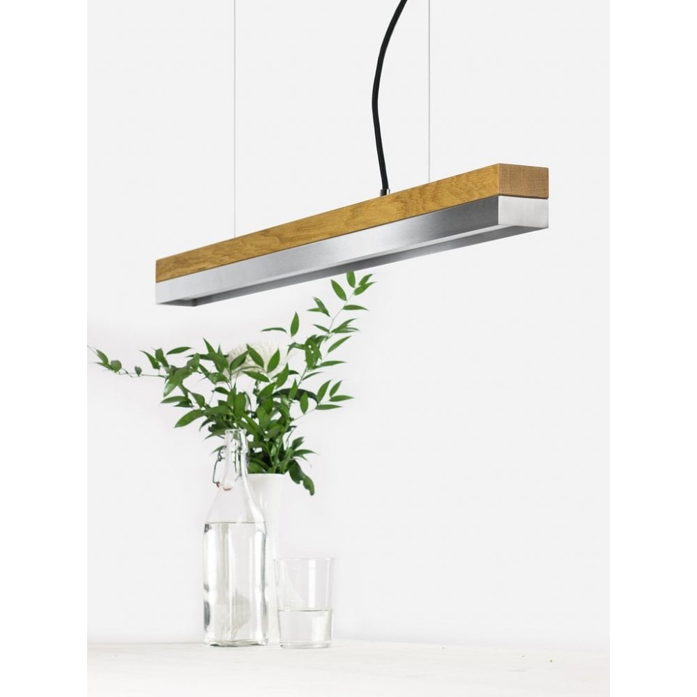 Oak Wood and Stainless Steel LED Bar Pendant Light, 92cm, Warm White (2.7K)