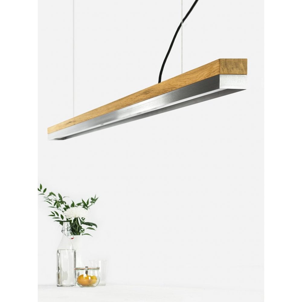 Oak Wood and Stainless Steel LED Bar Pendant Light, 182cm, Warm White (2.7K)